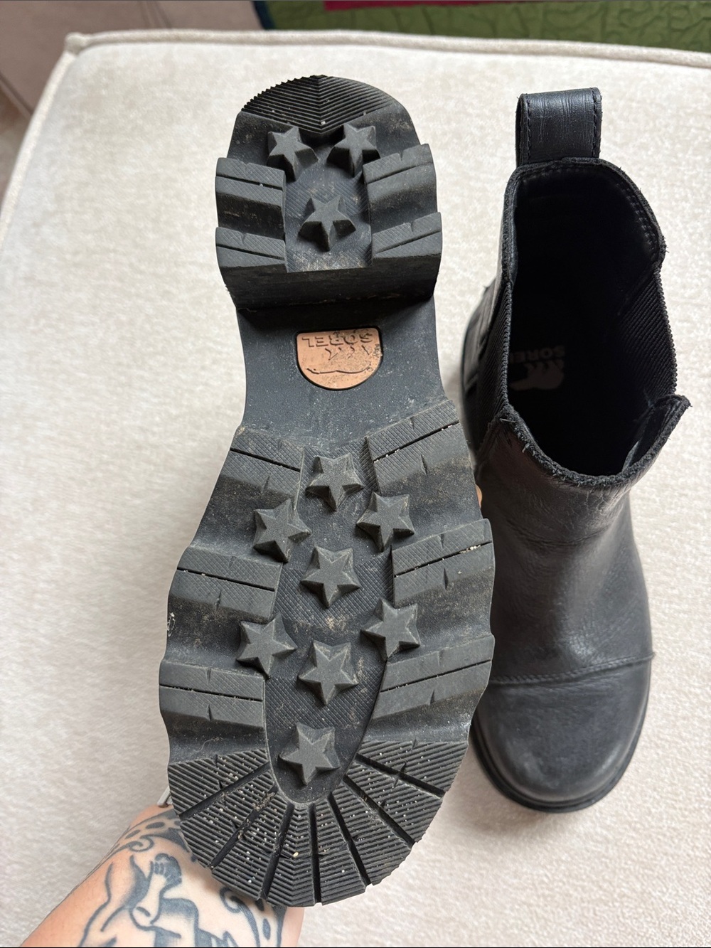 “Joan Now” Sorel Black Leather Chelsea Lug Ankle Boots - Picture 4 of 5